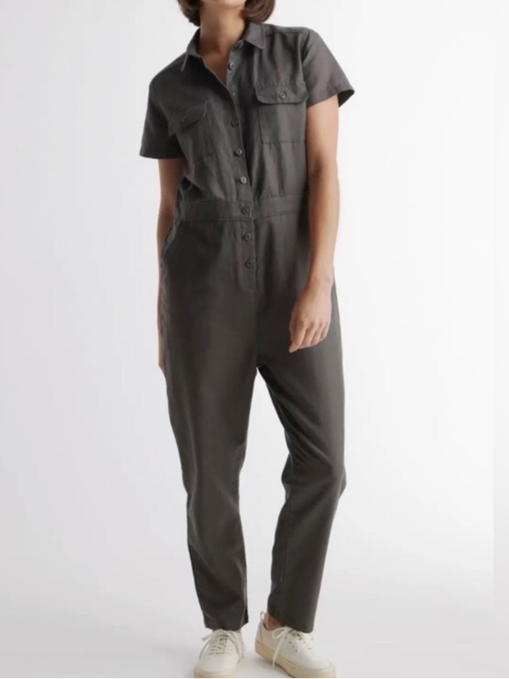 Quince Organic Cotton Linen Short Sleeve Coverall Jumpsuit Charcoal Gray-XL